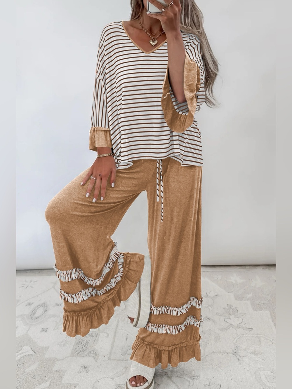 Stripe V Neck Ruffle Contrast Sleeve Top Drawstring Pants 2pcs Set